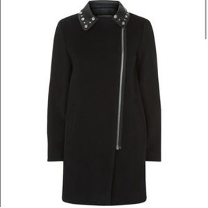 SANDRO Black Wool Coat with Studded Leather Collar